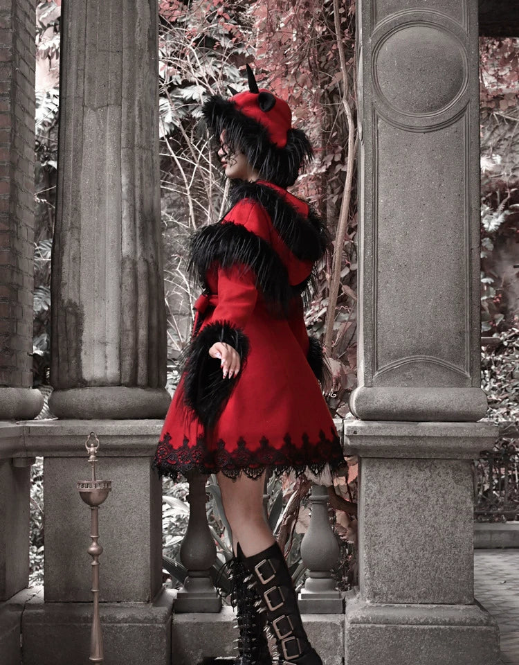 Crimson Faux Fur Trim Gothic Coat Dress