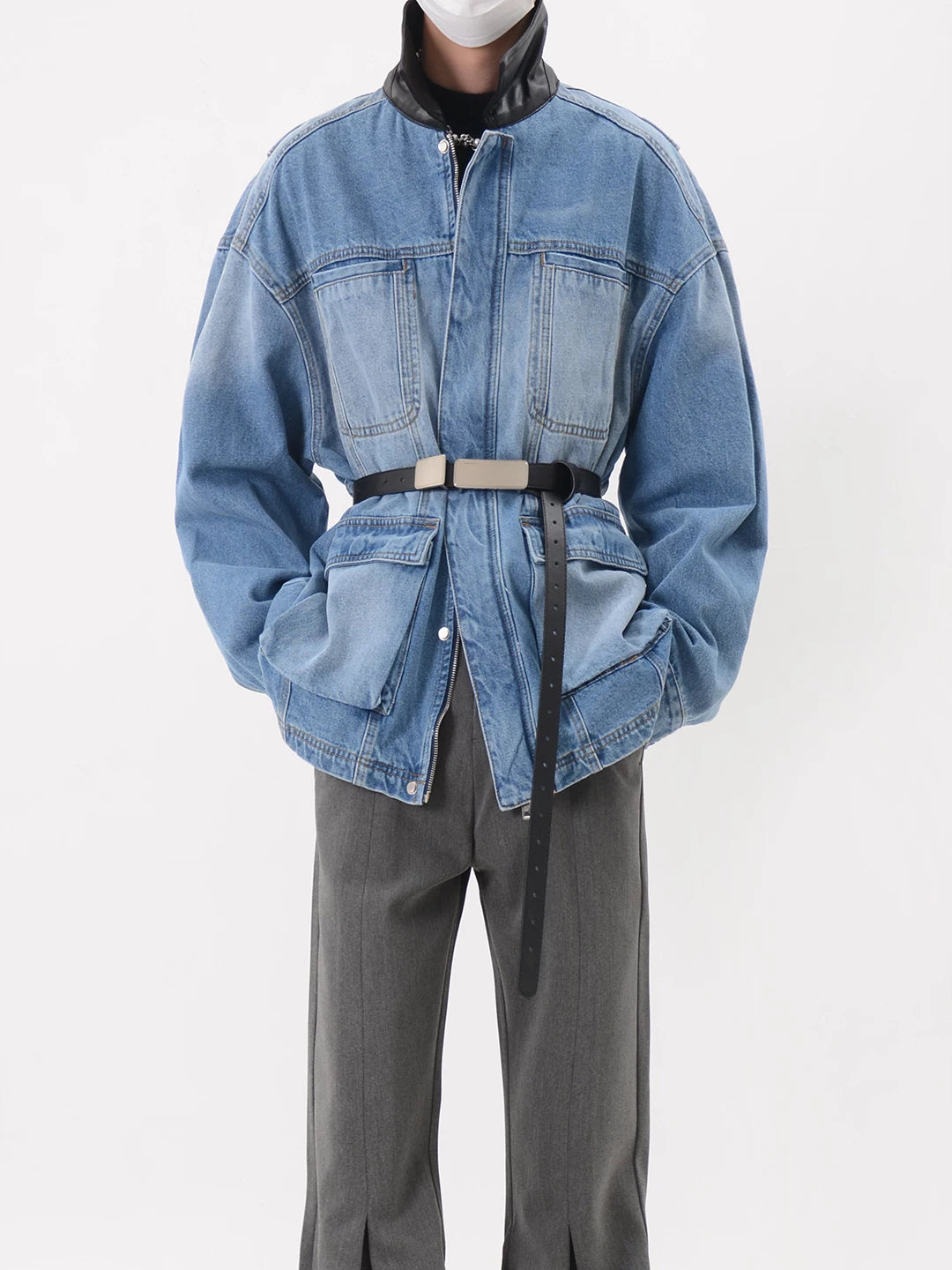 Blue Oversized Belted Denim Utility Jacket