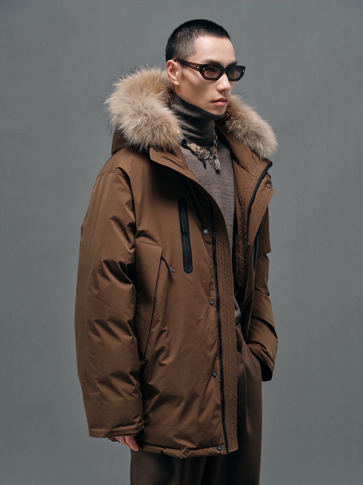 Raccoon Fur-Collar Hooded Down Coat