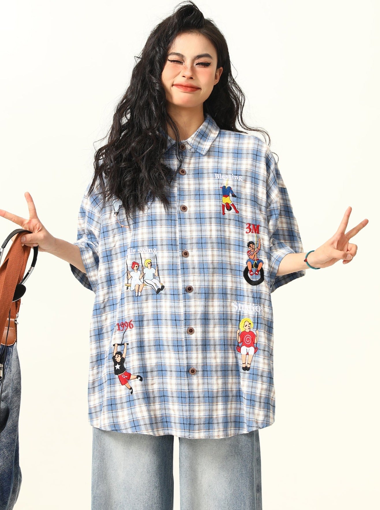 Playful Cartoon Oversized Plaid Button-Up Shirt