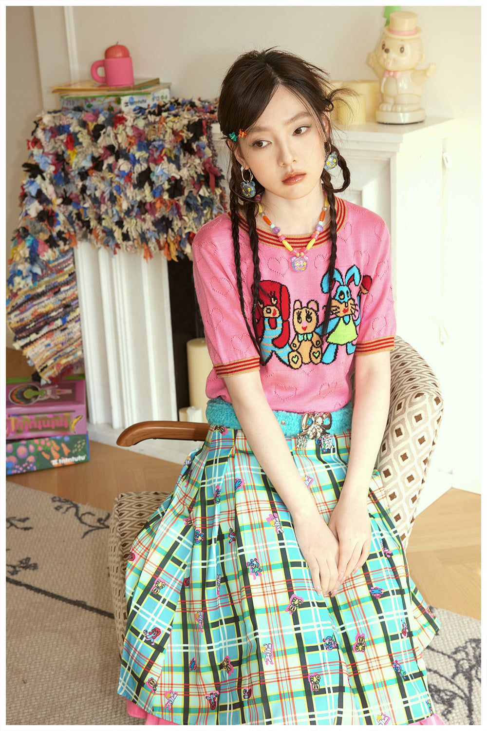 Mint Plaid Cartoon Pleated Midi Skirt