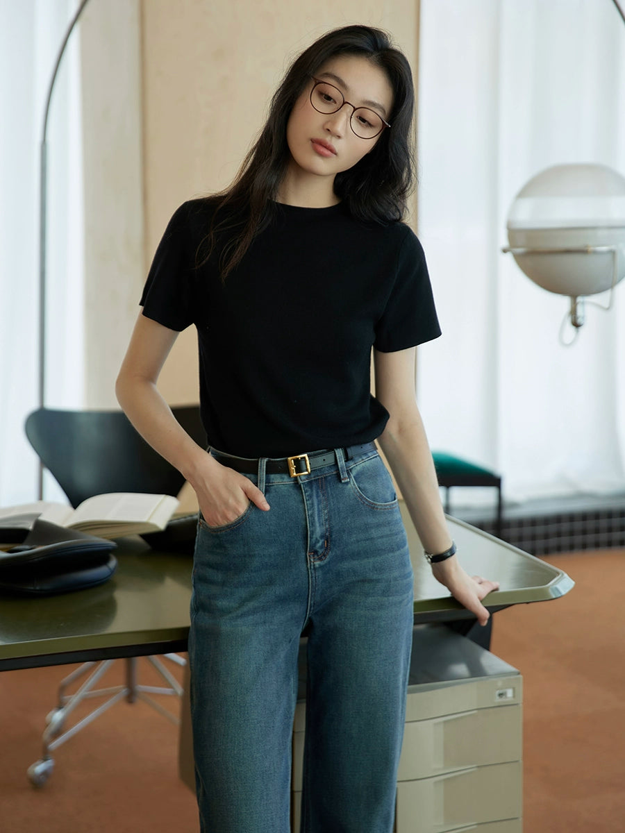 Mid-neck Knitted Short-sleeve T-shirt
