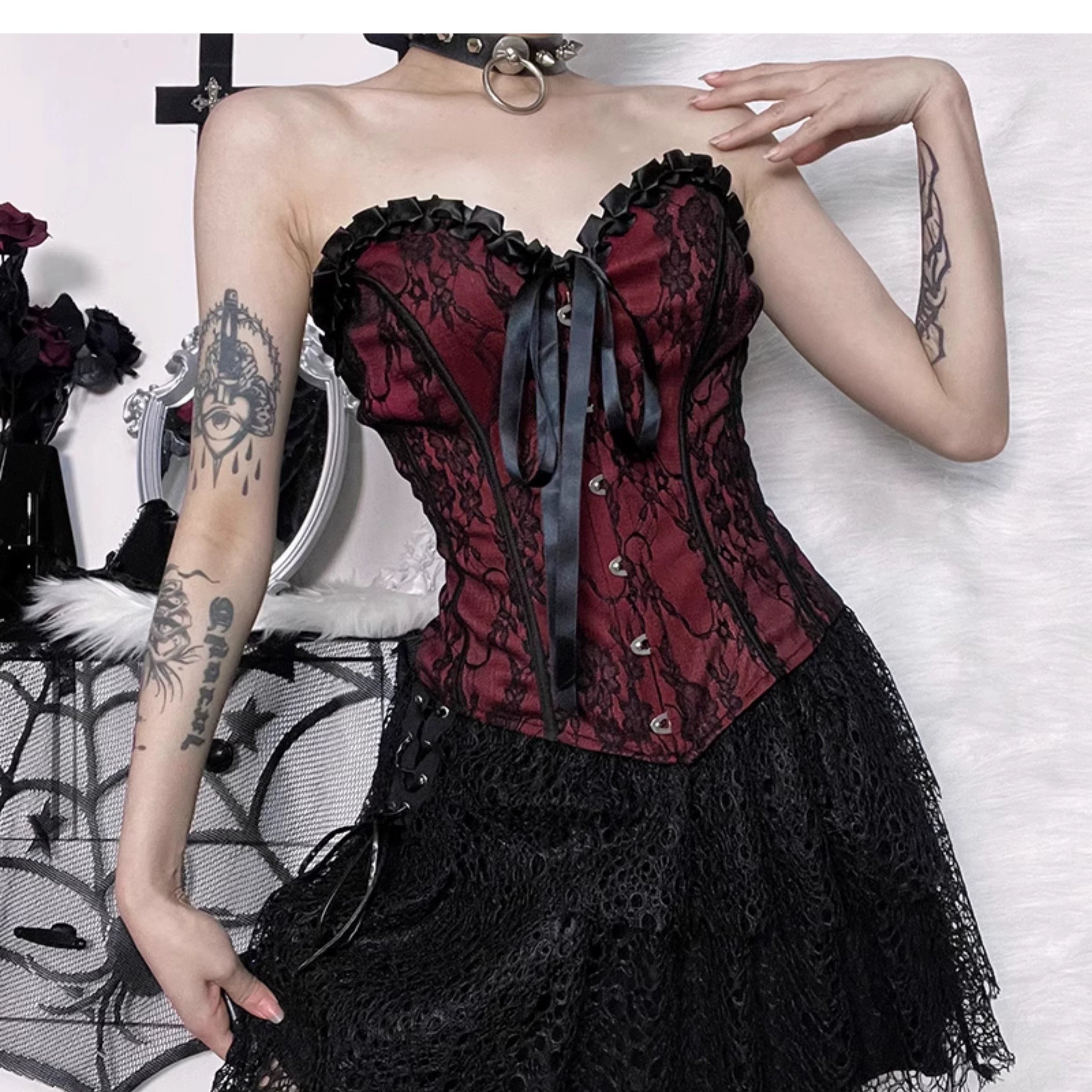 Wannathis Gothic Lace-Up Corset - Red And Black Floral Brocade Bustier With Ruffle Trim