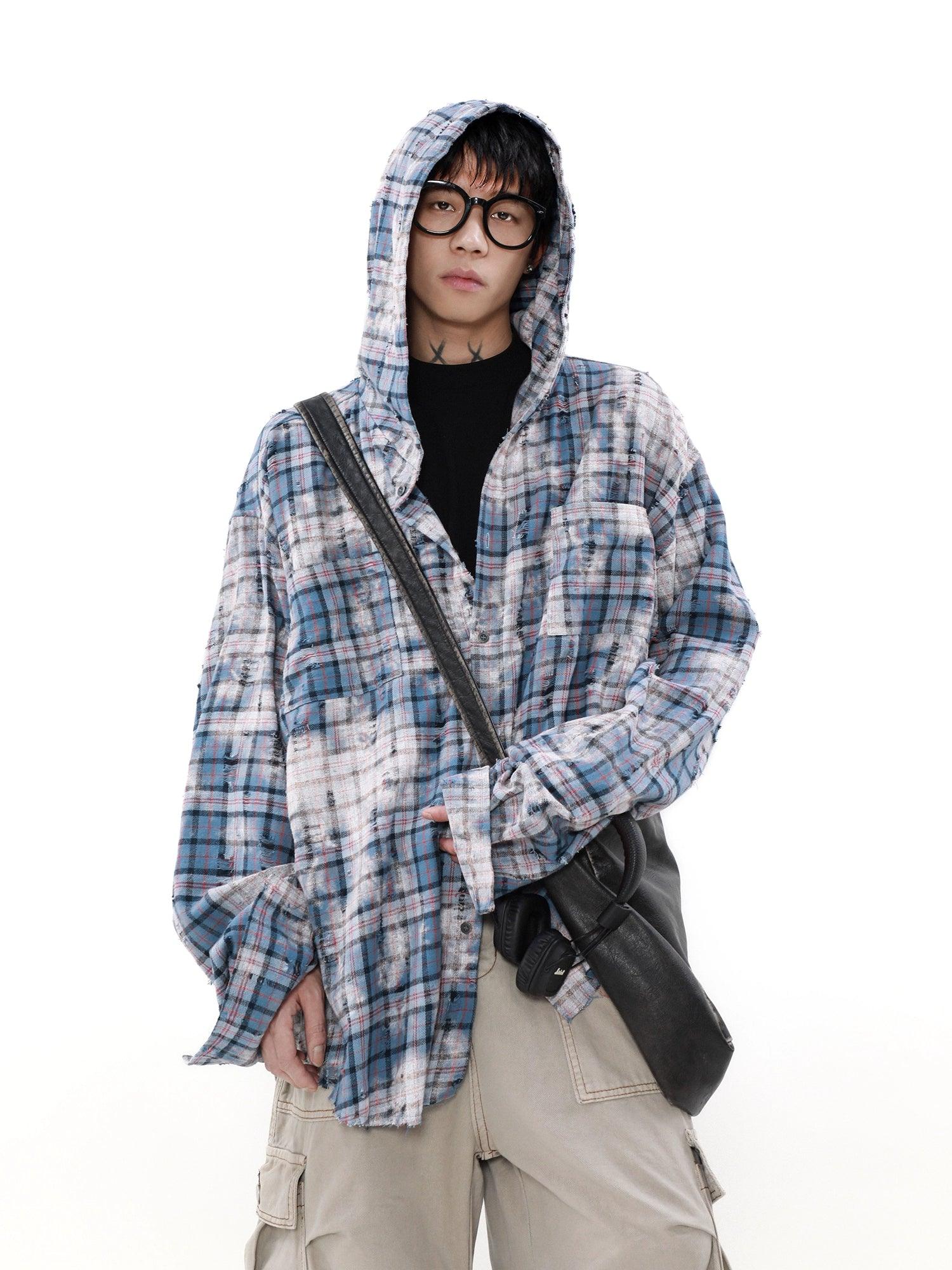 Mrnearly Distressed Plaid Hooded Overshirt - Unisex Grunge-Inspired Outerwear