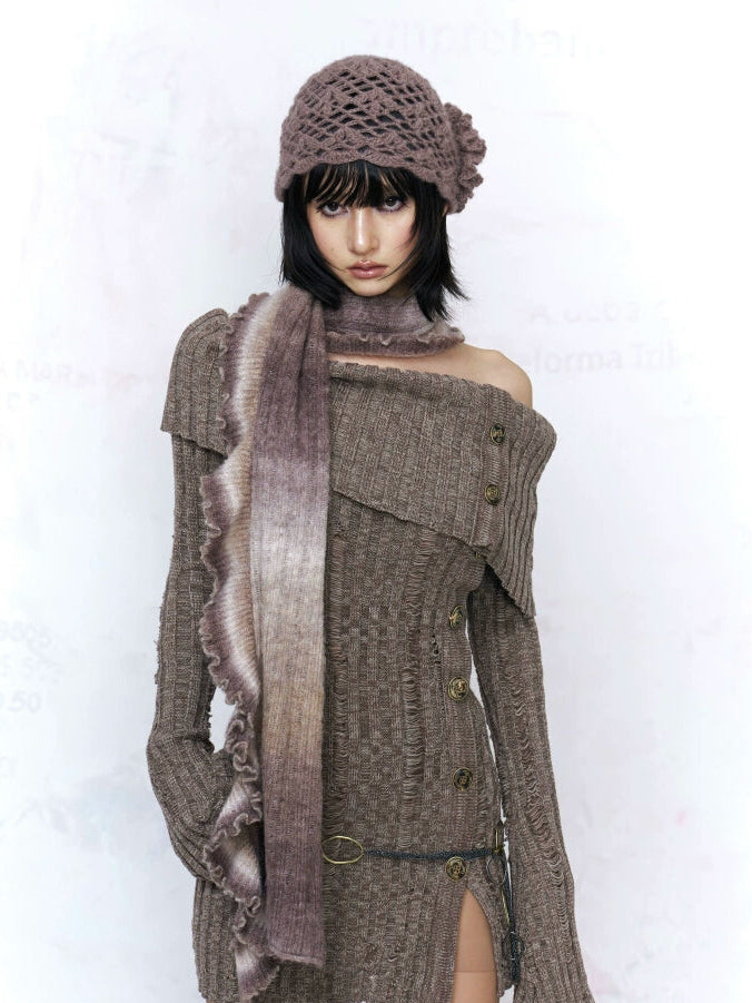 Cocoa Hearth Off‑Shoulder Button Knit Dress