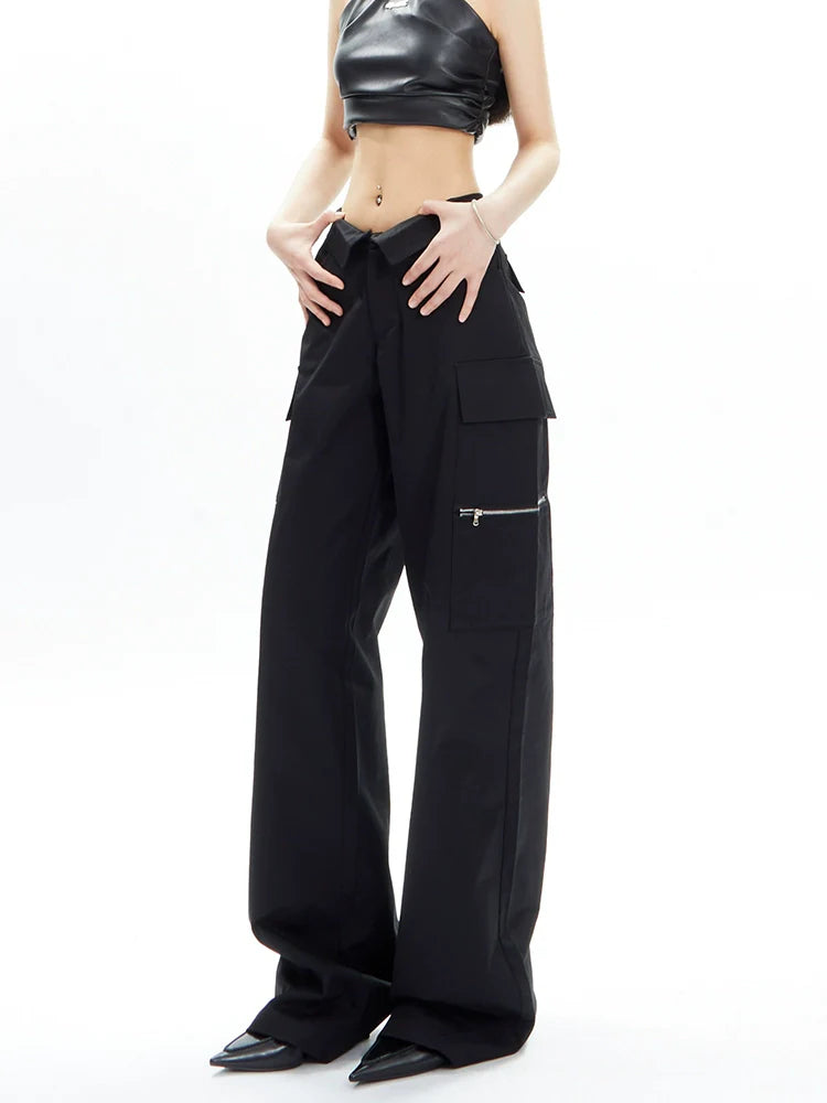 Wide-Leg Cargo Pants with Collar Waistband