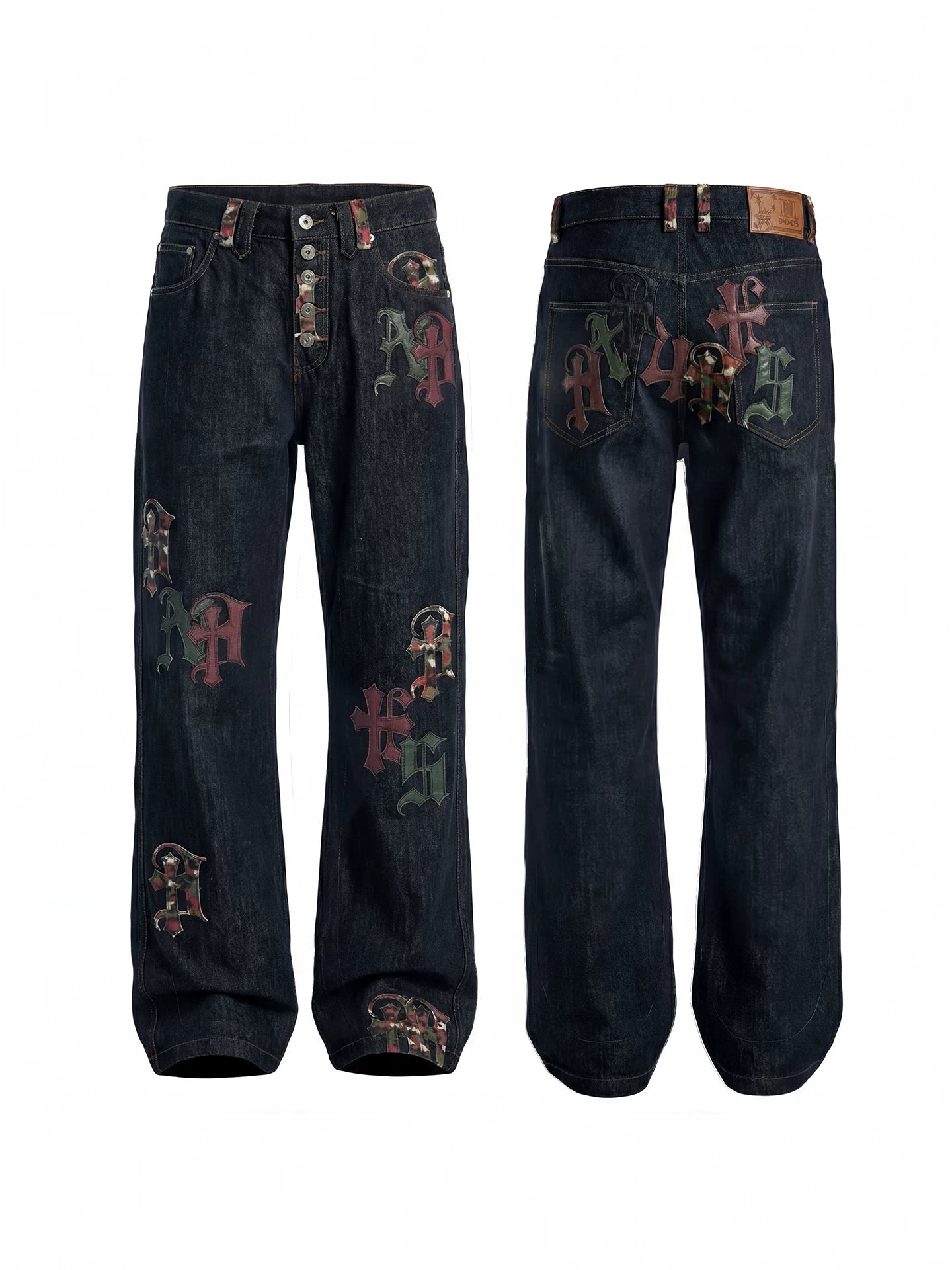 Gothic Letter Appliqué Straight-Leg Denim Jeans