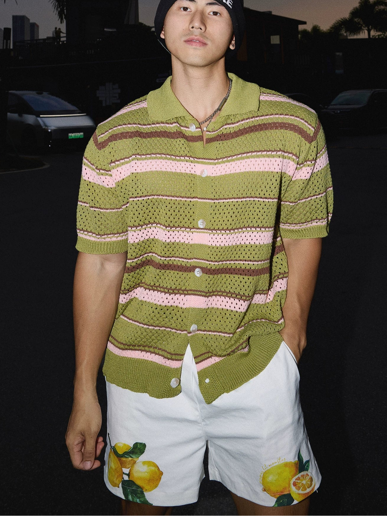 Olive Sunset Stripe Mesh Knit Polo Cardigan