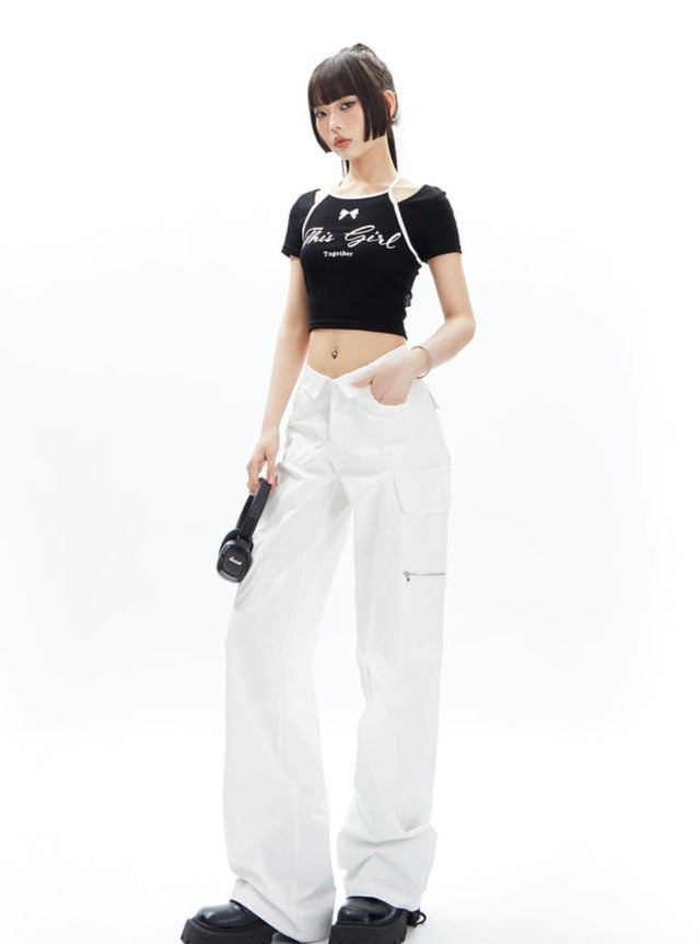 Wide-Leg Cargo Pants with Collar Waistband