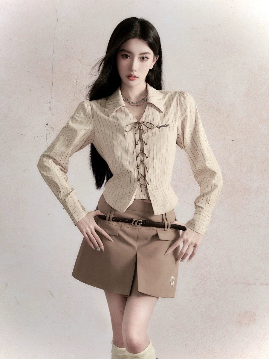 Fragile Heart Preppy Chic Ensemble: Olive Mini Skort, Cream Lace-Up Blouse, and Tailored Khaki Blazer Set