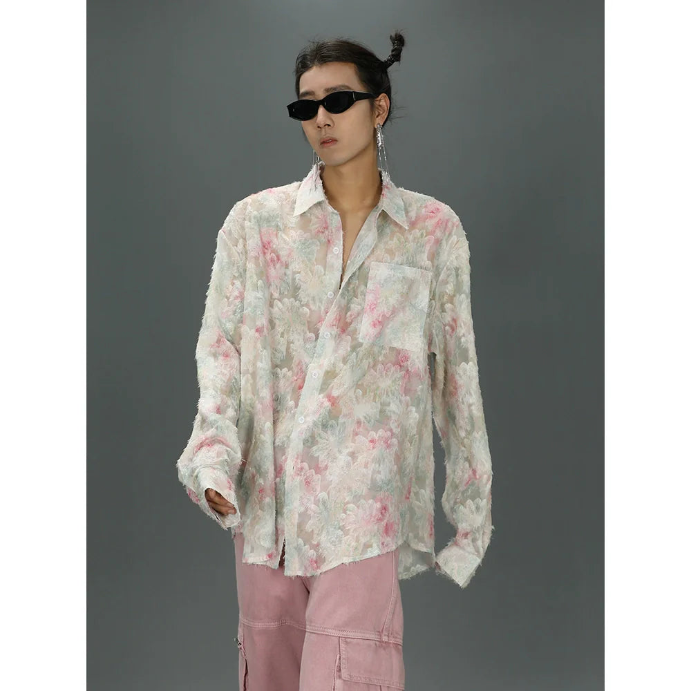 Ethereal Frost Floral Lace Button-Down Shirt