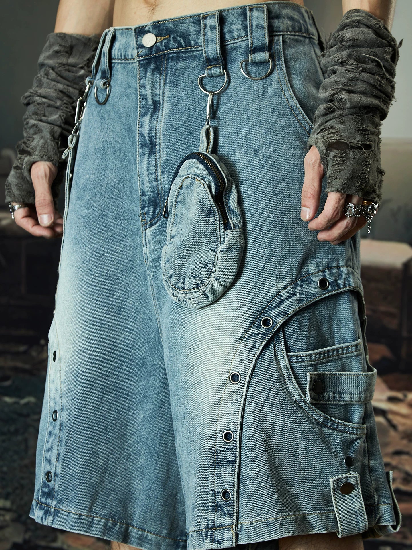 Wasteland Harness Cargo Denim Shorts