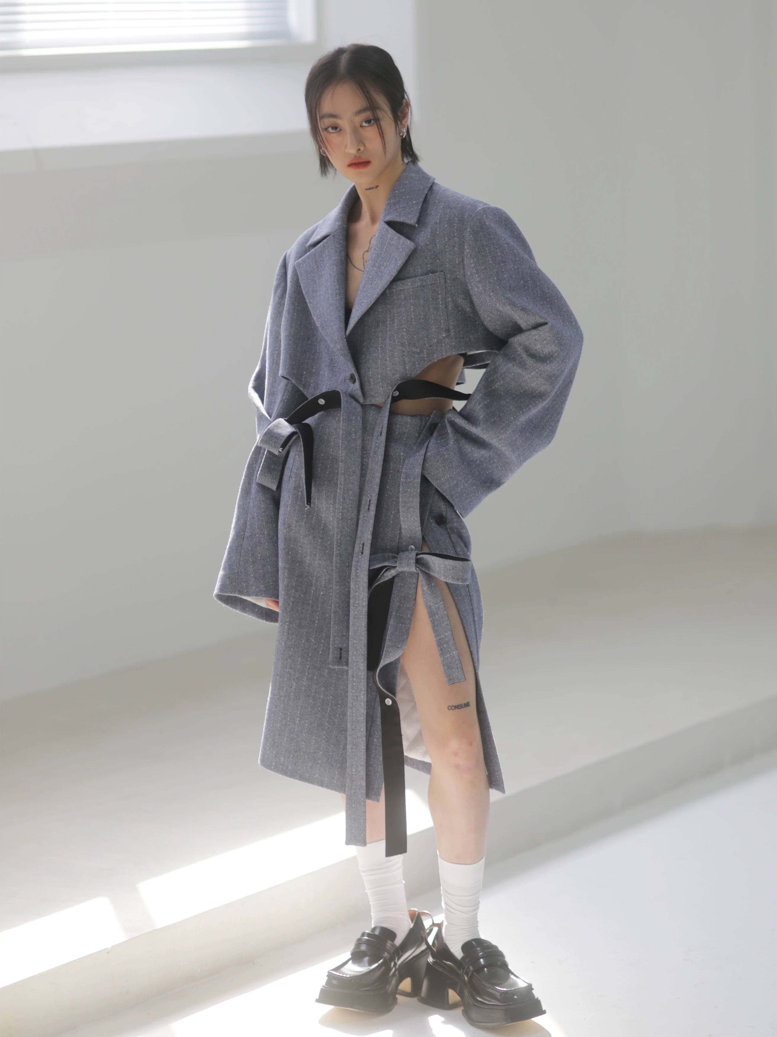 Steel Herringbone Pencil Midi Skirt