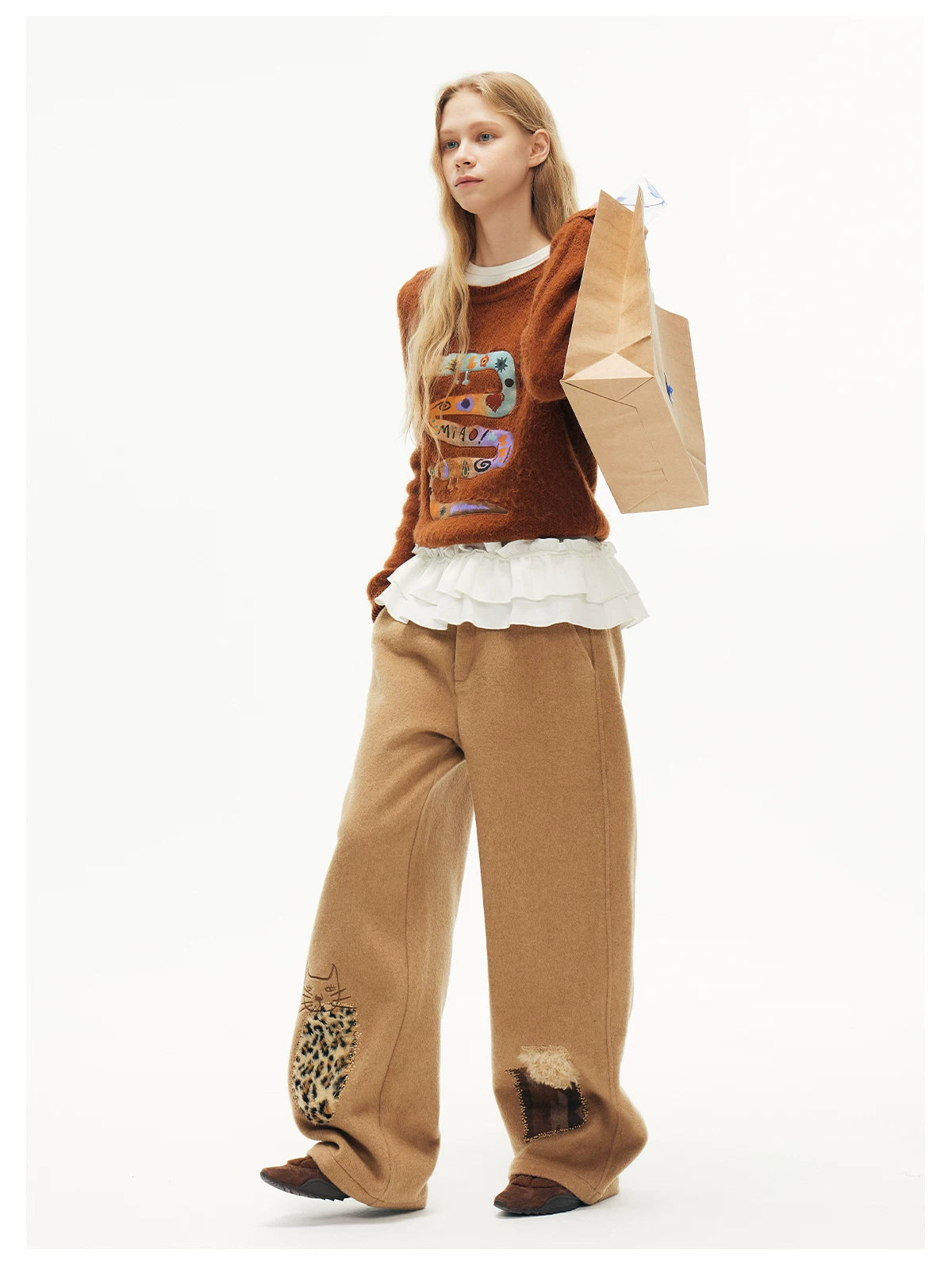 Leopard Pocket Kitty Patch Wide‑Leg Pants