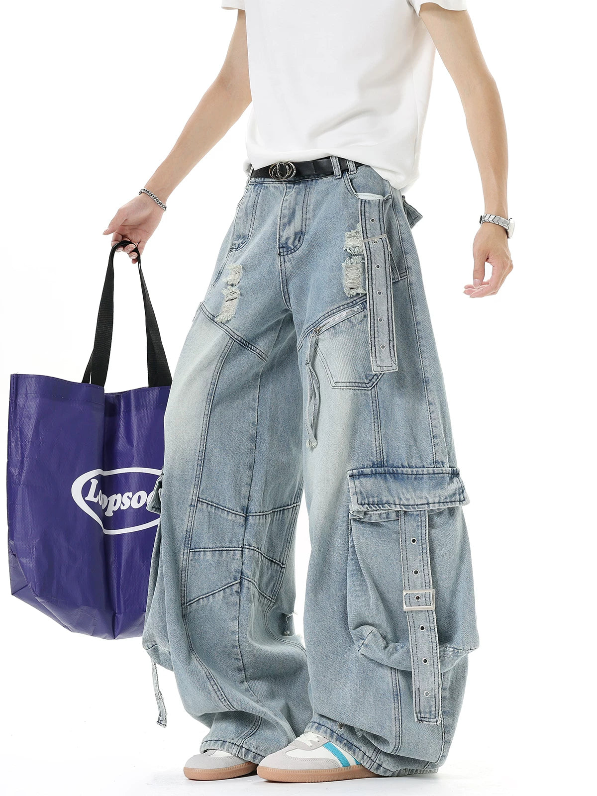 Harness-Ruined Cargo Denim Pants