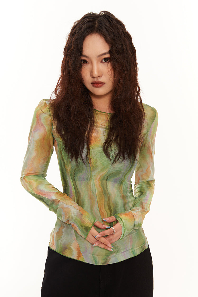 Wavy Mesh Marble Print Top