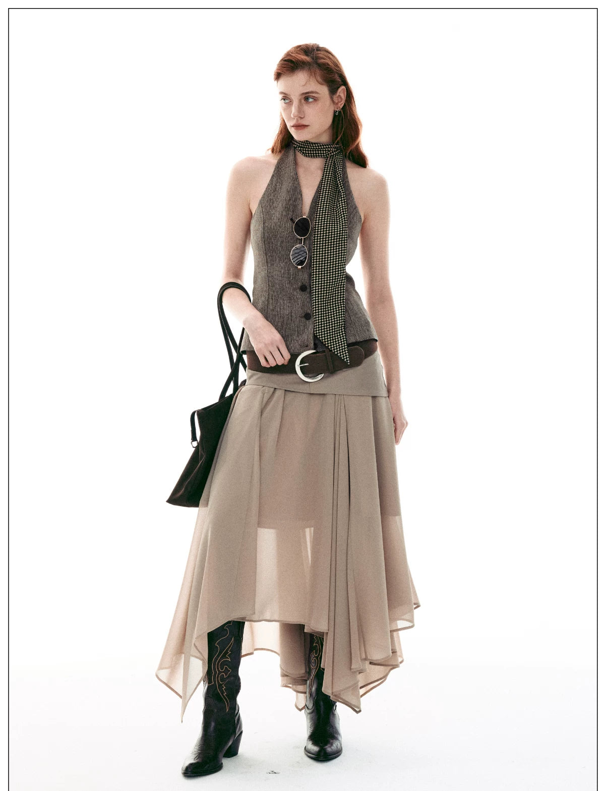 Desert Veil Asymmetric Pleated Midi Skirt