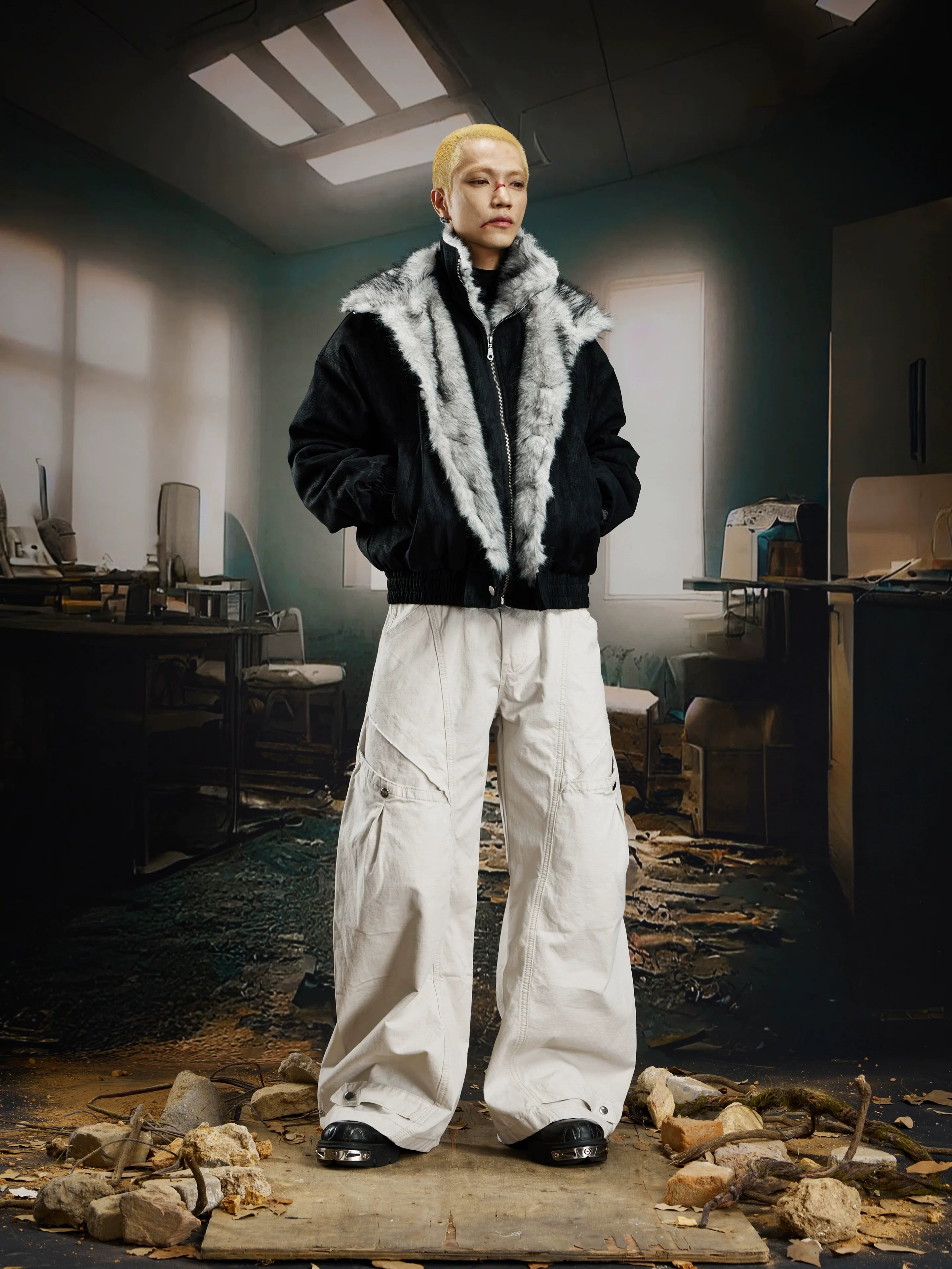 Glacier Veil Wolf‑Trim Bomber Jacket