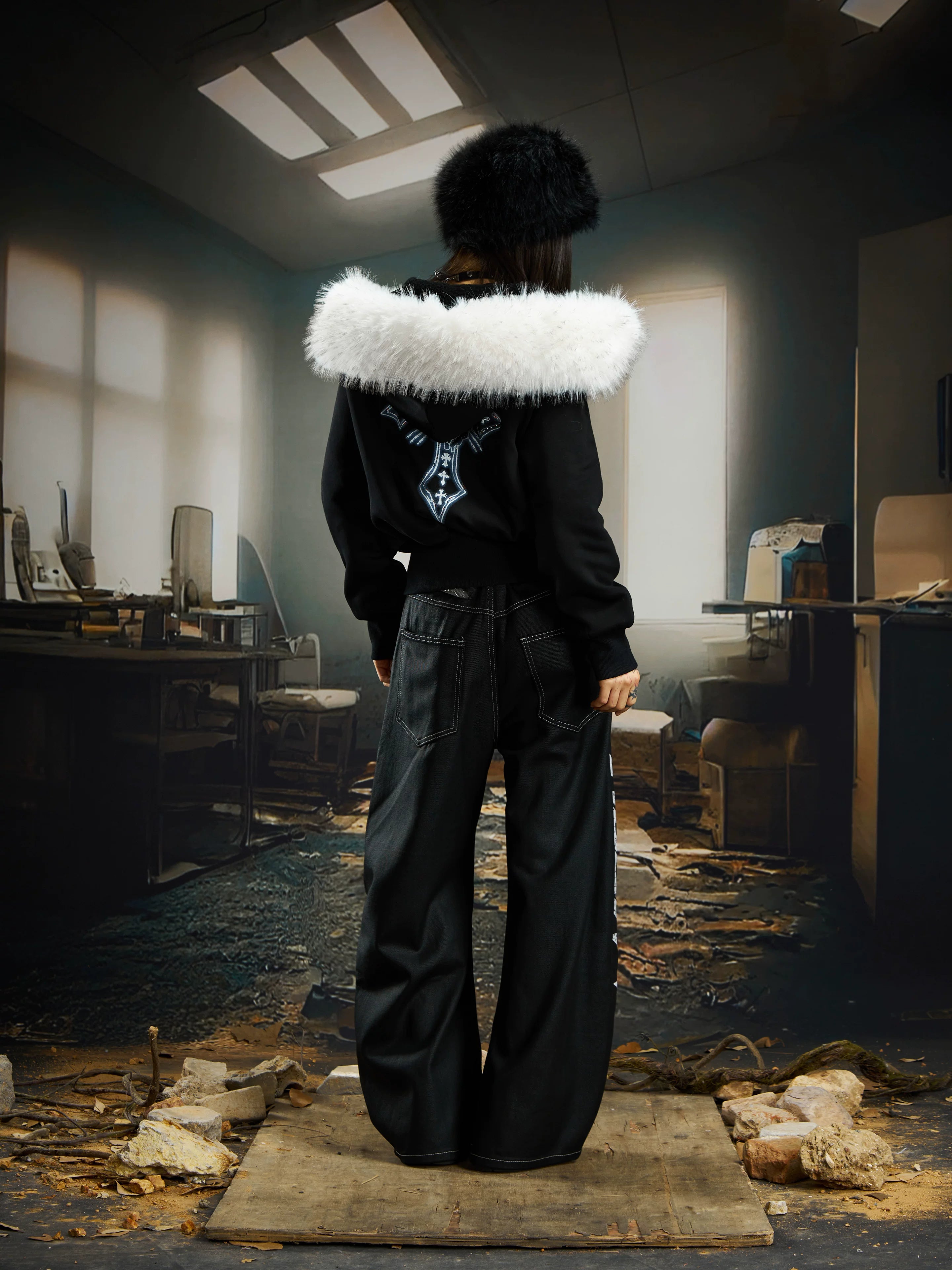 Wreckline Script Wide‑Leg Denim Pants