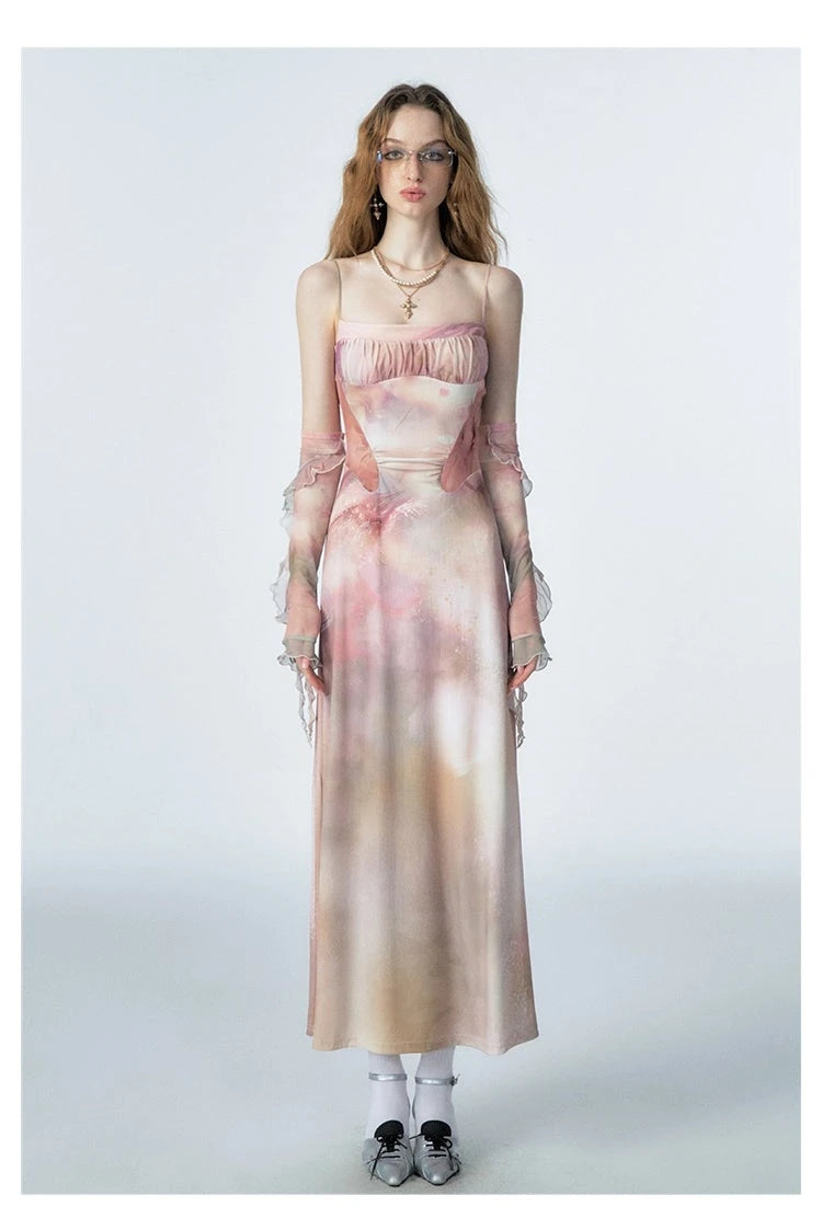 Of Akiva Watercolor Silk Maxi Dress with Detached Sleeves