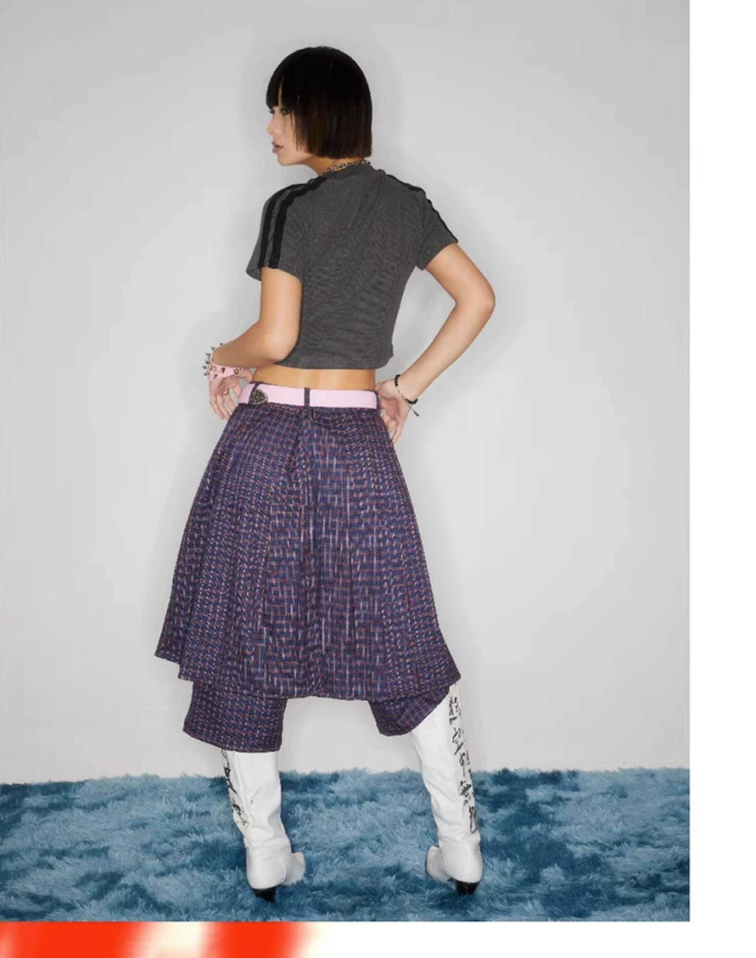 Plaid Buckle-Front Layered Skort - chiclara