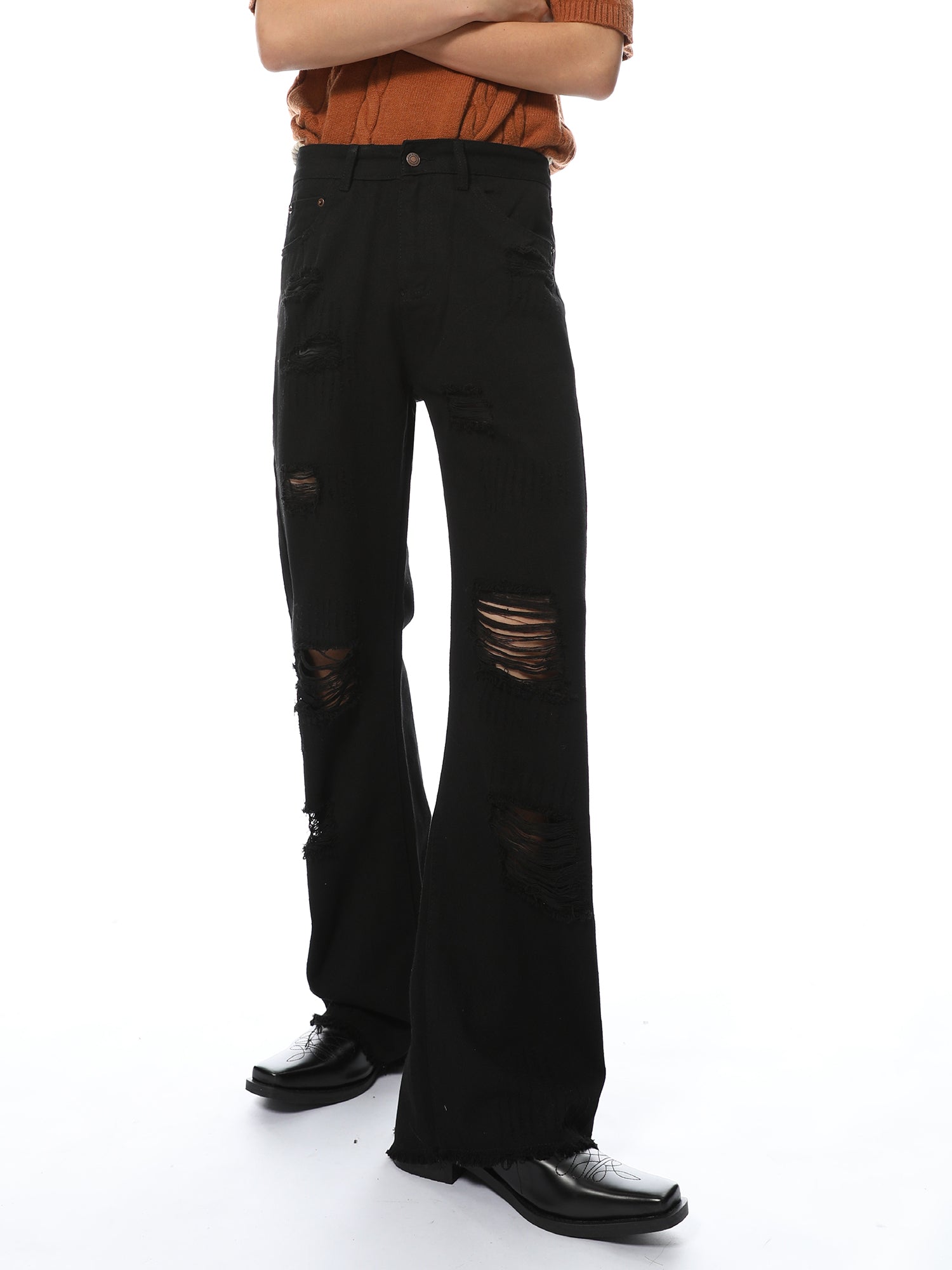 Distressed Black Wide-Leg Denim Jeans