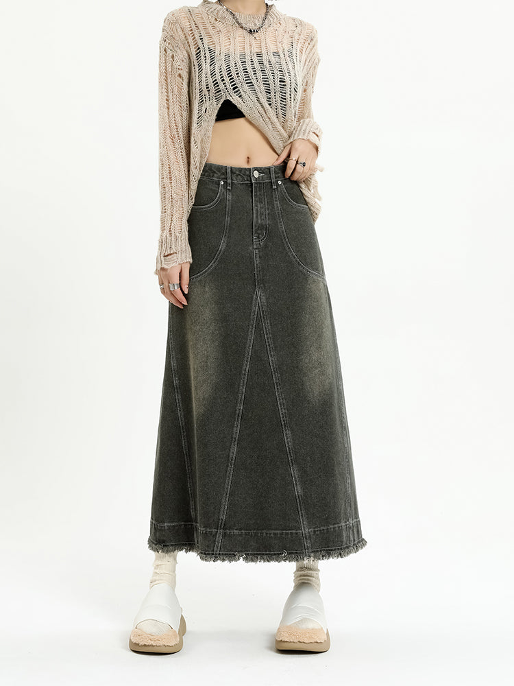 Frayed Hem Denim Midi Skirt