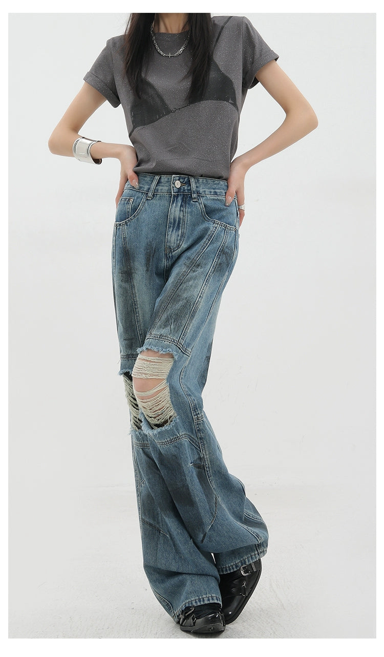 Vintage Distressed And Dirt-Dyed Patchwork Wide-Leg Jeans - chiclara