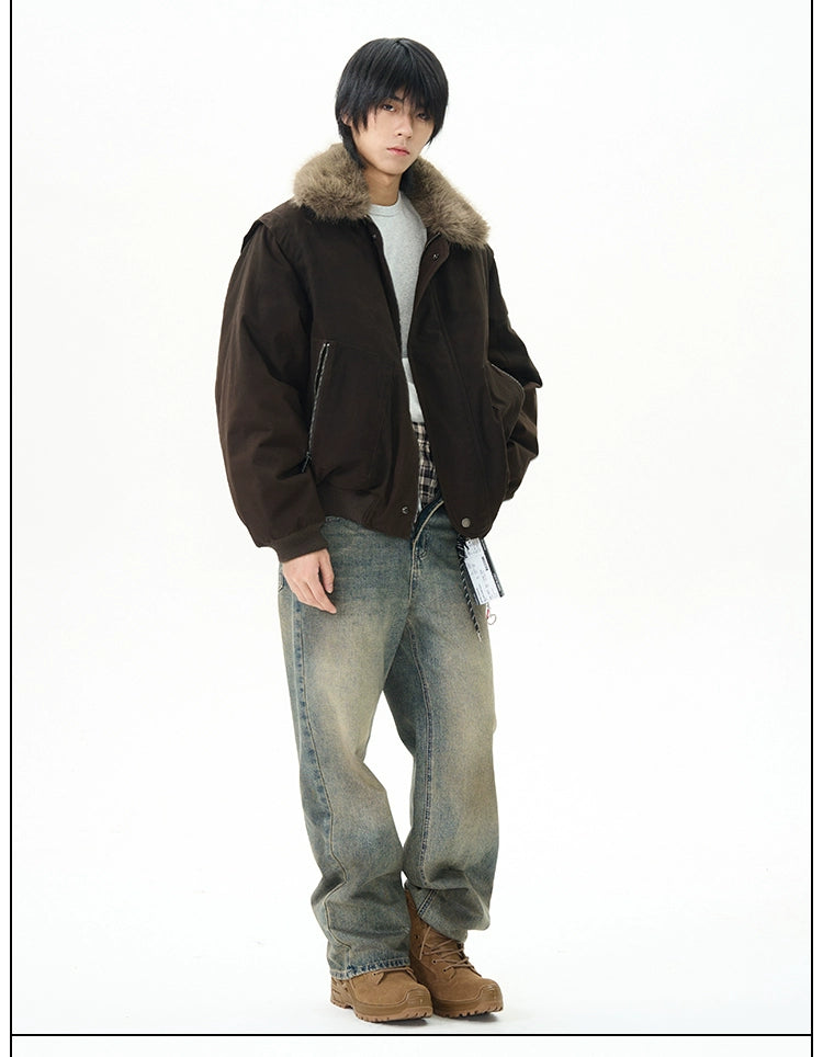 Mocha Faux Fur Collar Aviator Jacket