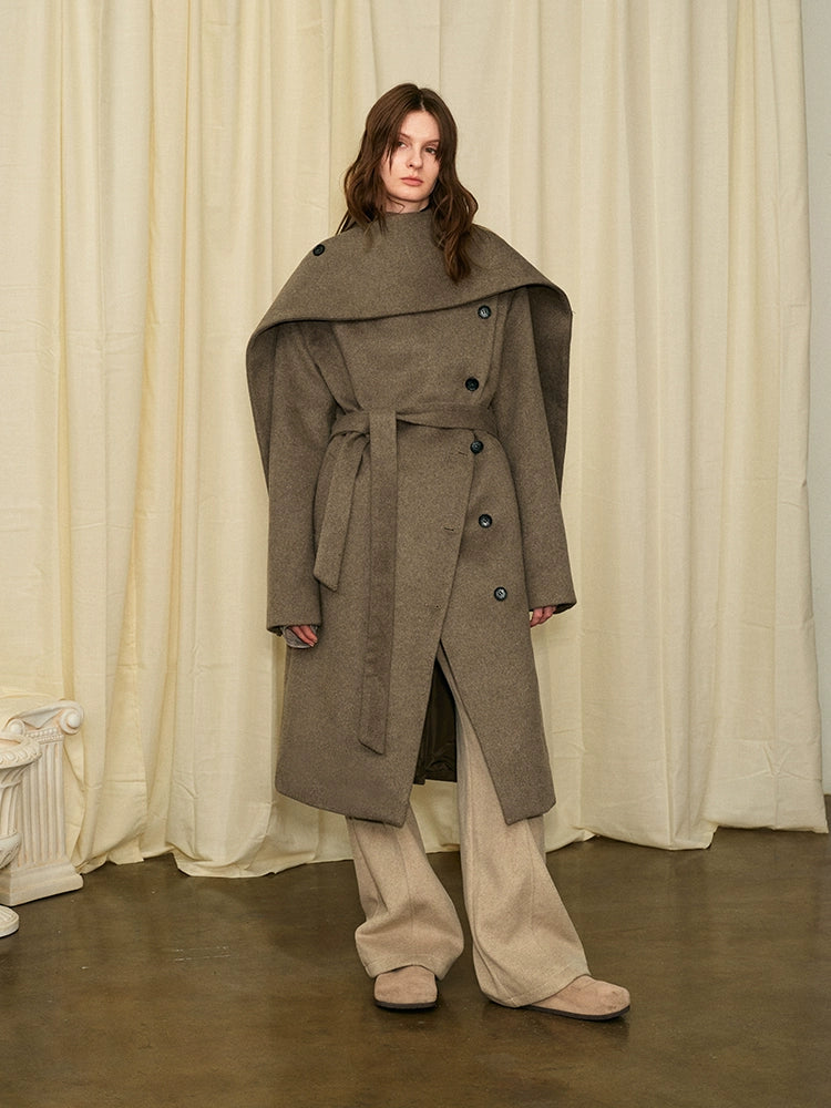 Wool Belted Overcoat with Cape Collar