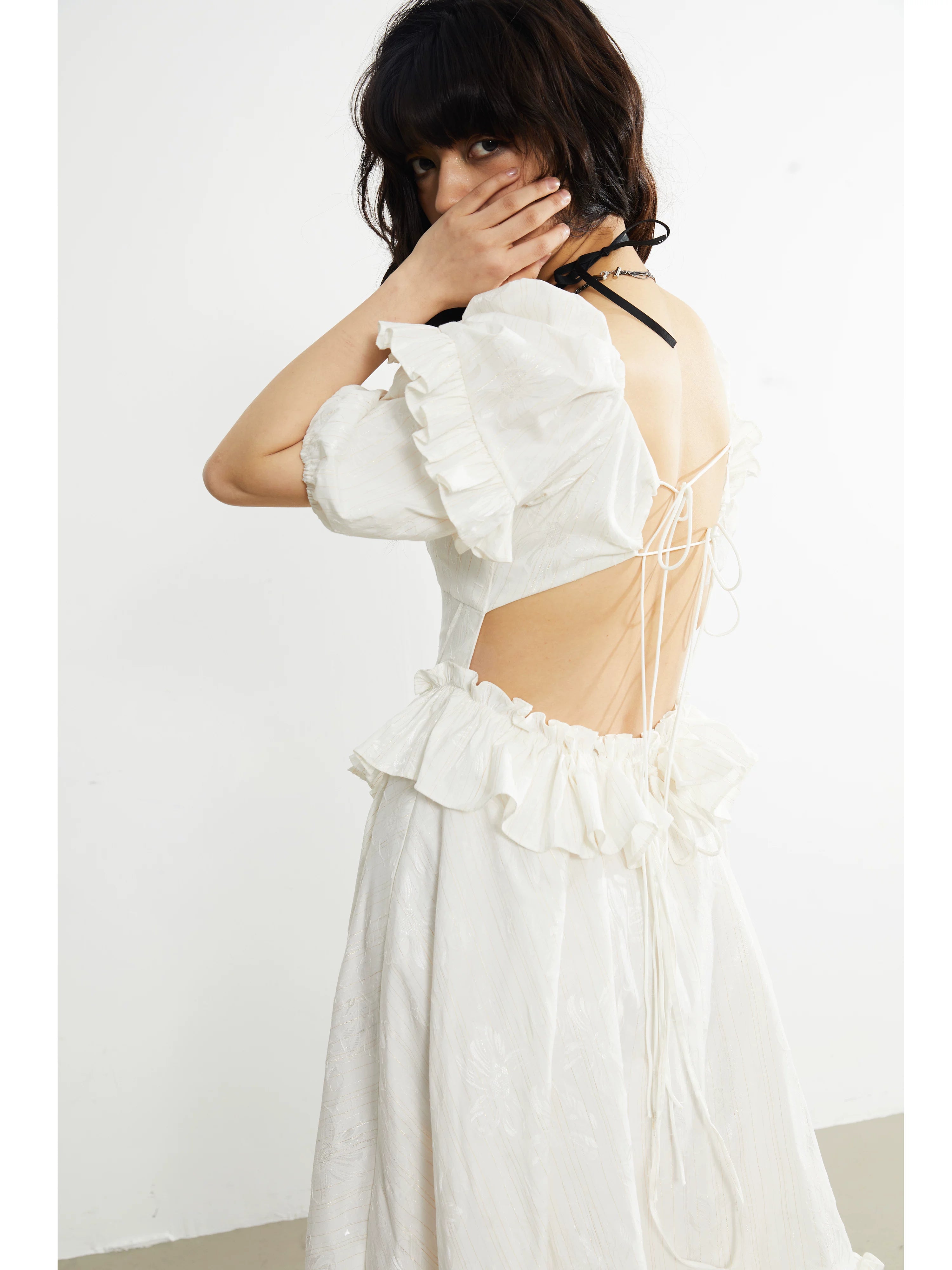 Ivory Ruffle Asymmetry Midi Dress