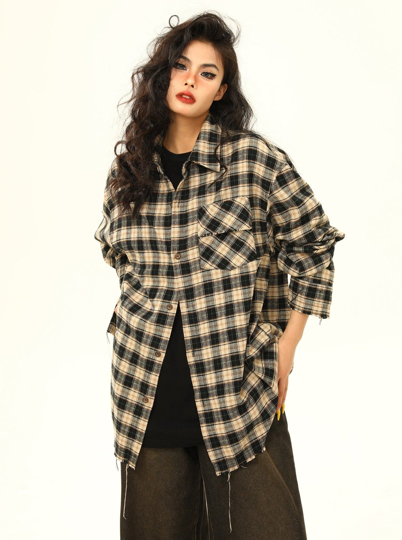 Oversized Distressed Plaid Flannel Shirt