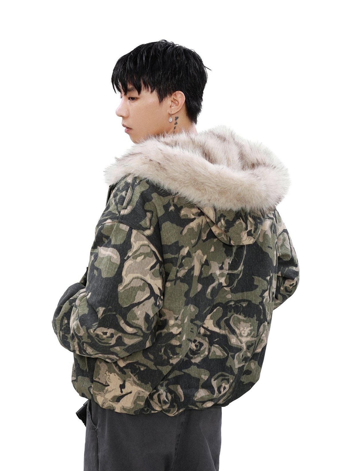 Camouflage Puffer Jacket with Fur-Lined Hood