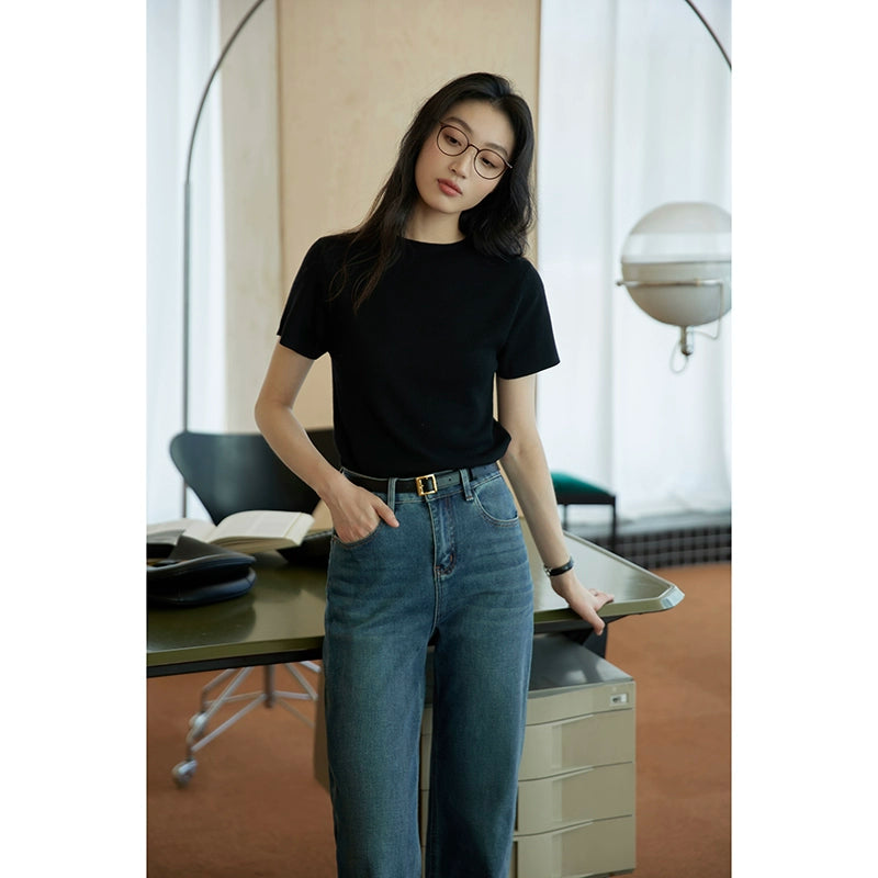 Mid-neck Knitted Short-sleeve T-shirt