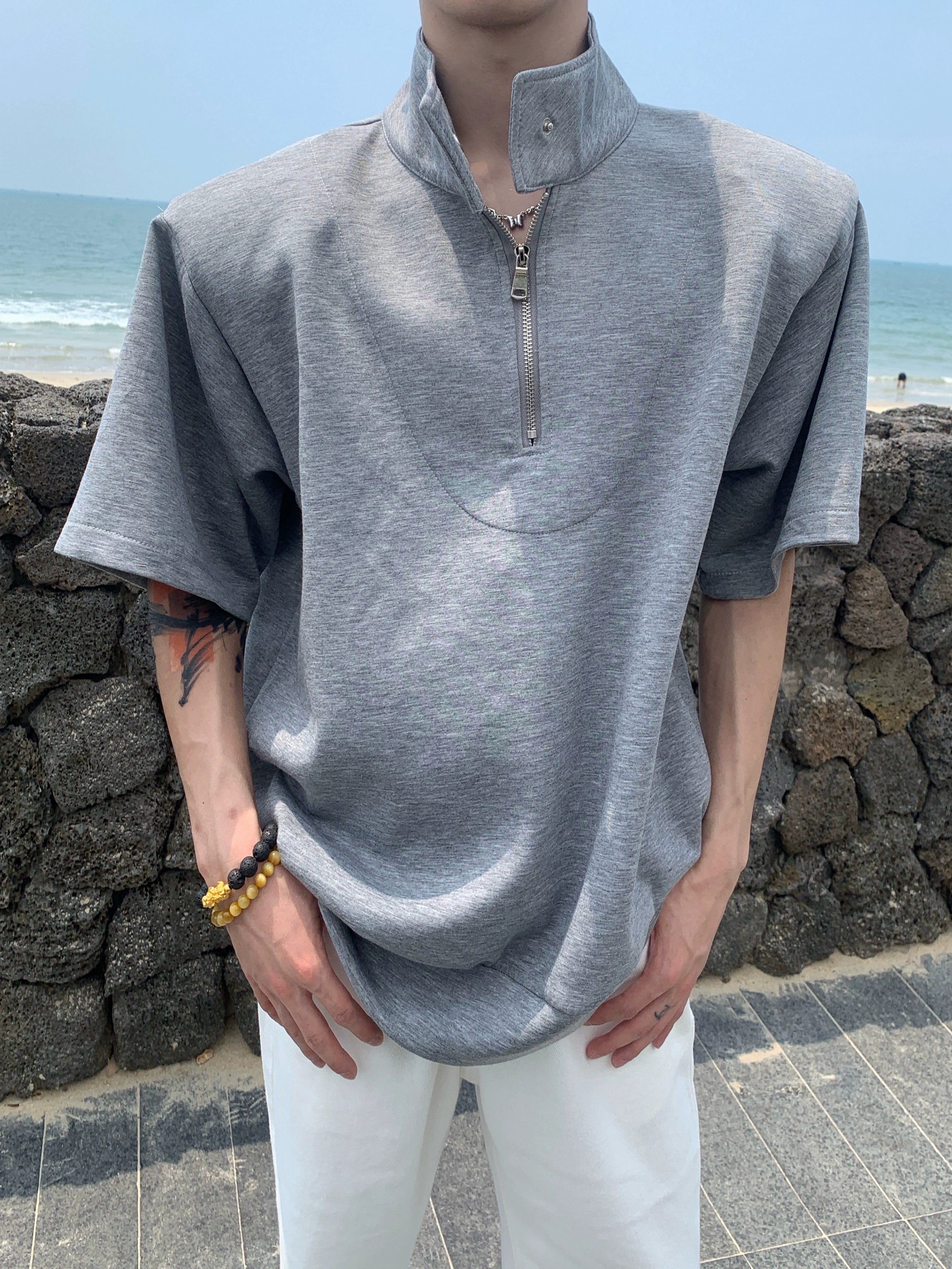 Gray Half-Zip Stand Collar Shirt