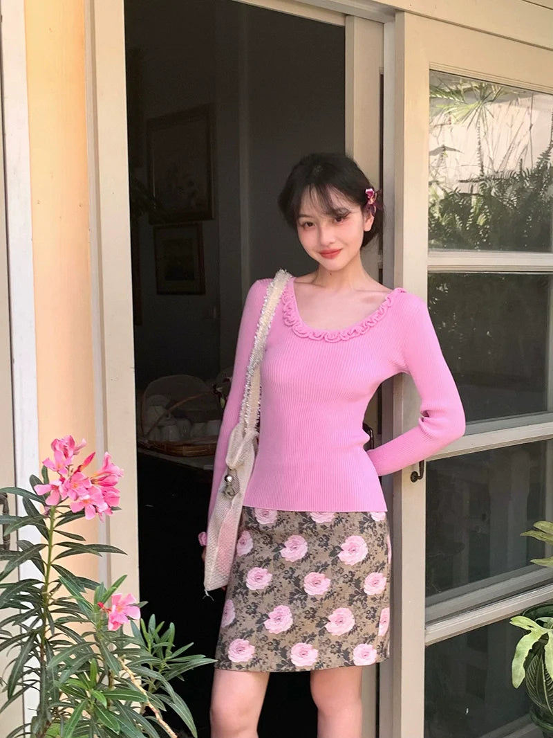 Lace U-Neck Ruffle Trim Knit Top