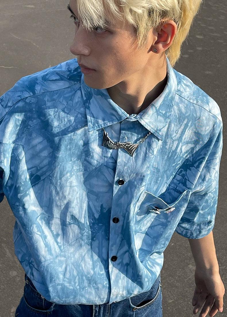 Blue Tie-Dye Short Sleeve Button-Up Shirt