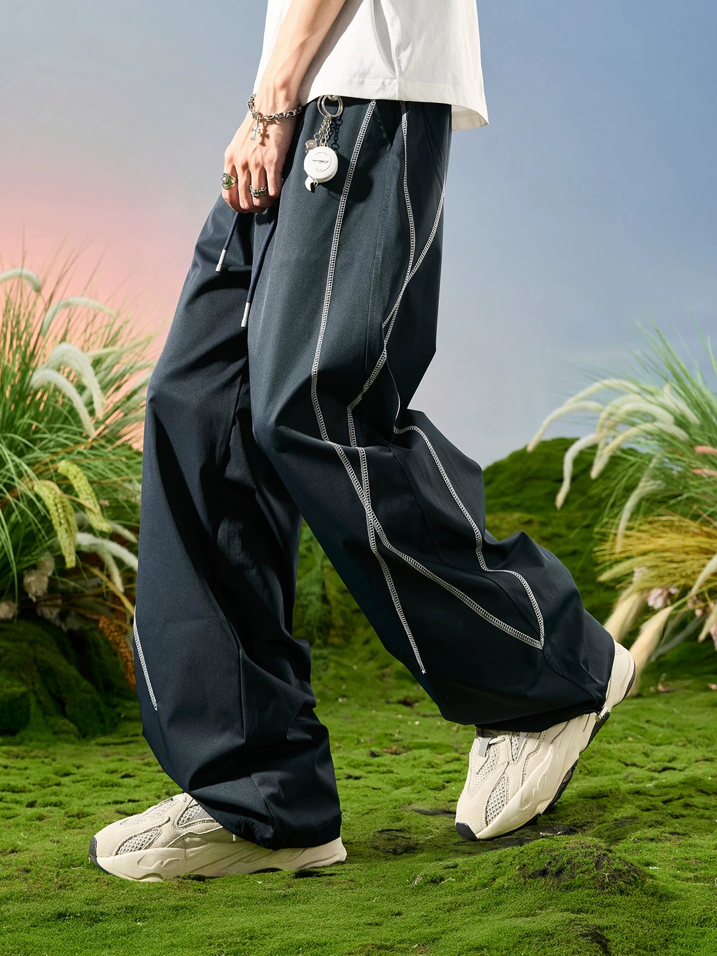 Contrast Stitch Drawstring Parachute Pants