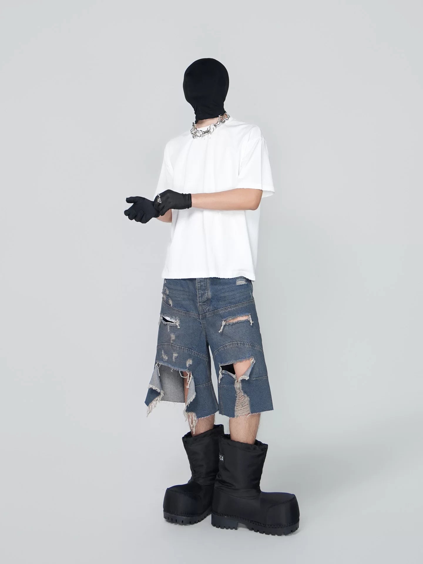 Tidal Ruin Shredded Rope-Belt Denim Shorts