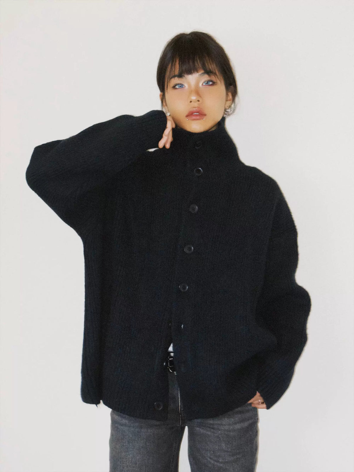 Bennett High-Neck Ribbed Knit Cardigan