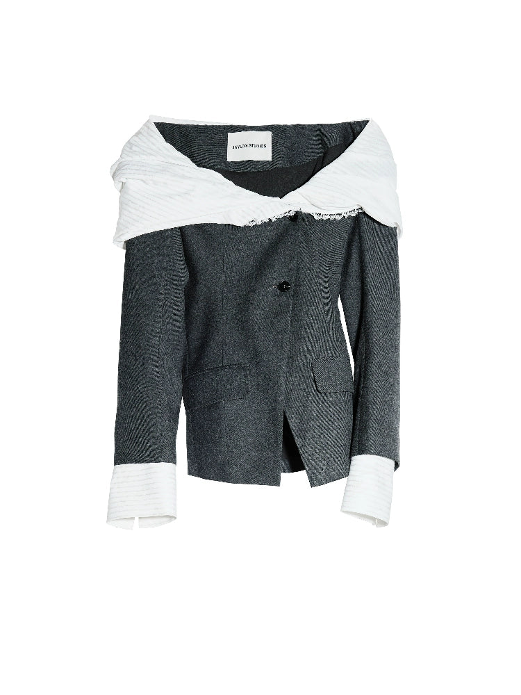 Deconstructed Asymmetric Collar Wool Blazer Jacket
