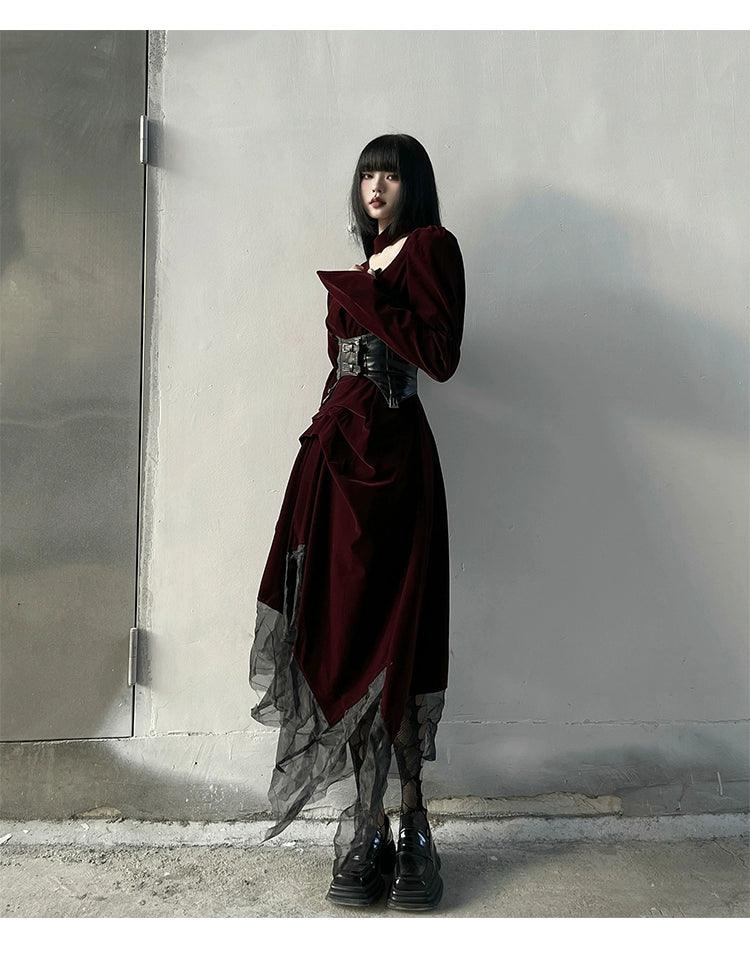 Ladyghost Gothic Victorian Maxi Dress - Women'S Burgundy Velvet And Black Mesh Layered Gown With Corset Belt