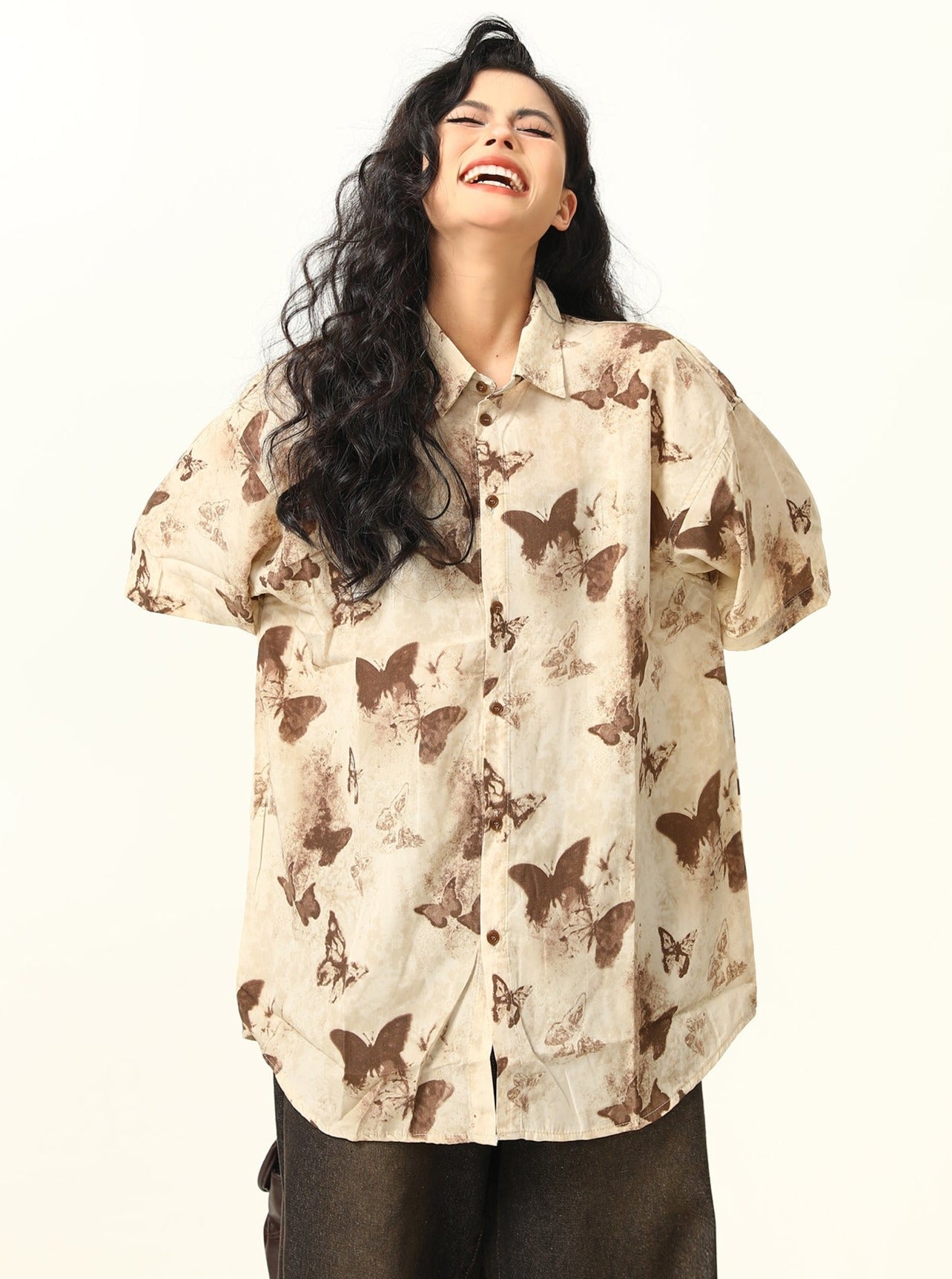 Butterfly Print Pattern Oversized Button-Down Shirt