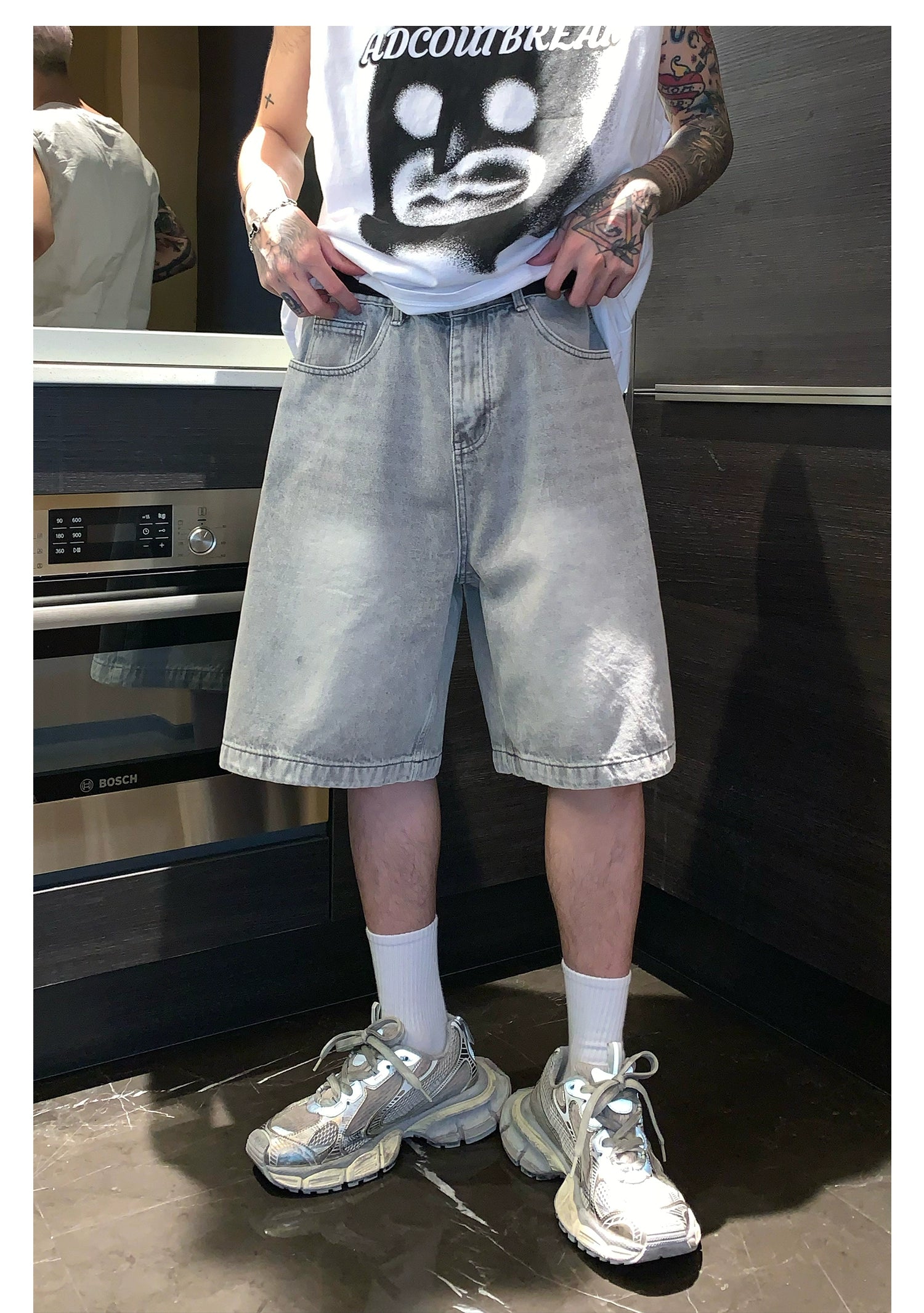 Faded Denim Shorts with Distressed Wash