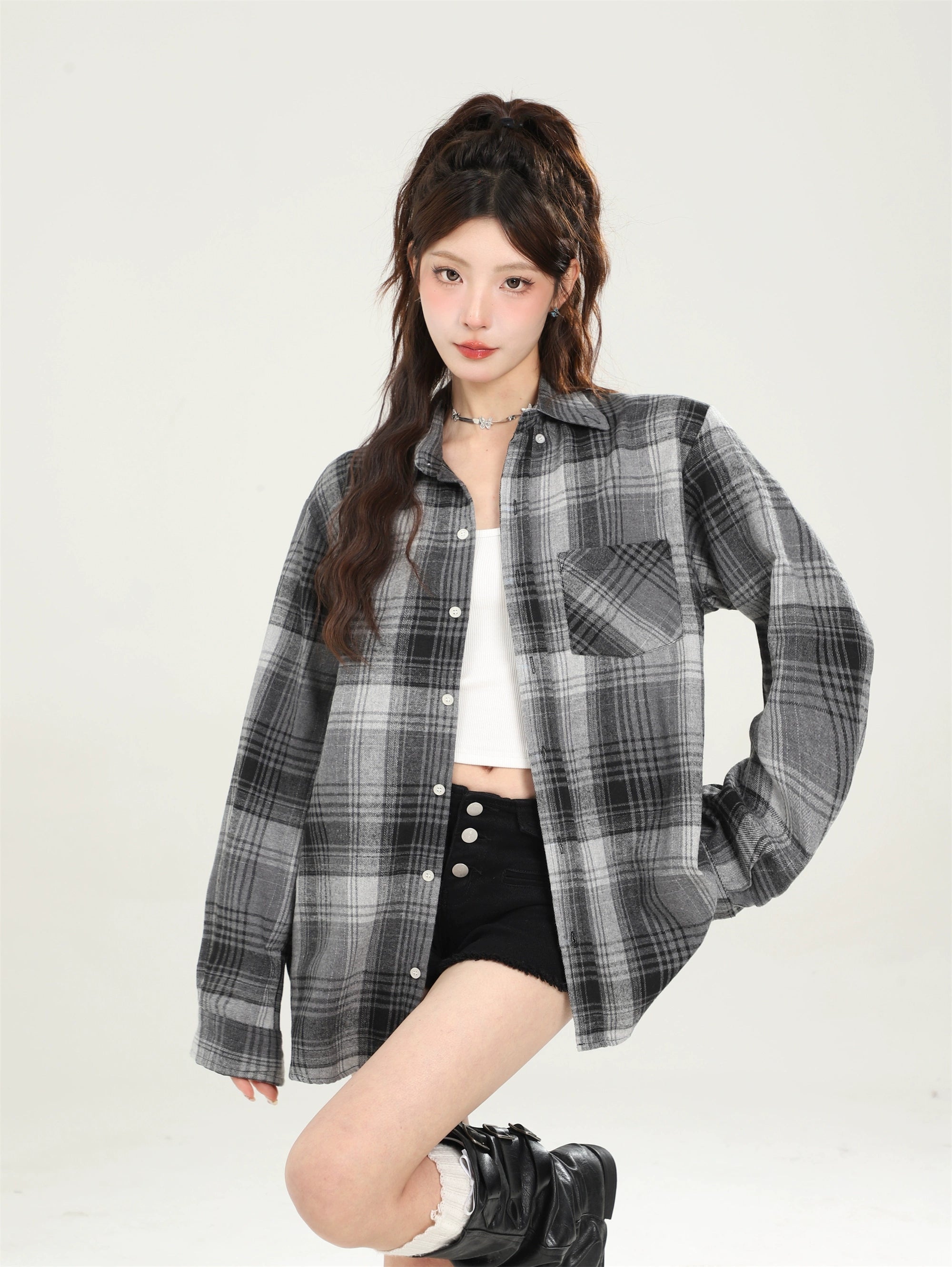 Vintage Loose Blue Plaid Shirt