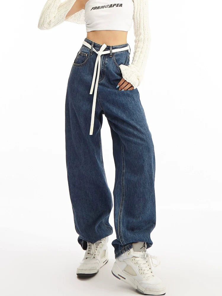 Wide-Leg Belted Denim Jeans