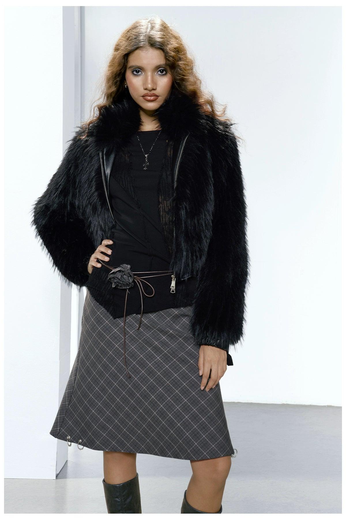 Strike A Pose Cropped Faux Fur Jacket - Women'S Black Shaggy Long-Sleeve Zip-Up Bolero Coat