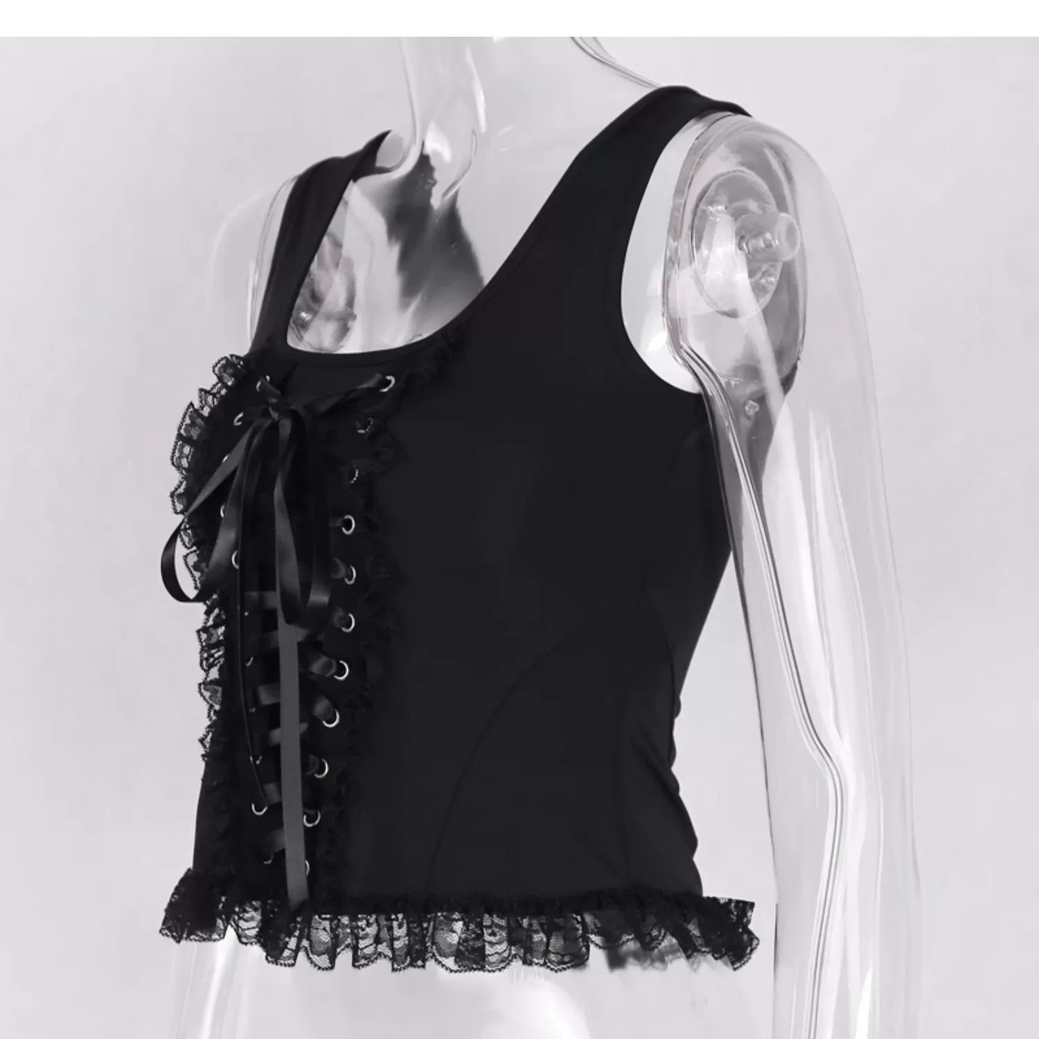 Wannathis Gothic Lace-Up Crop Top - Black Sleeveless Corset Tank With Lace Trim