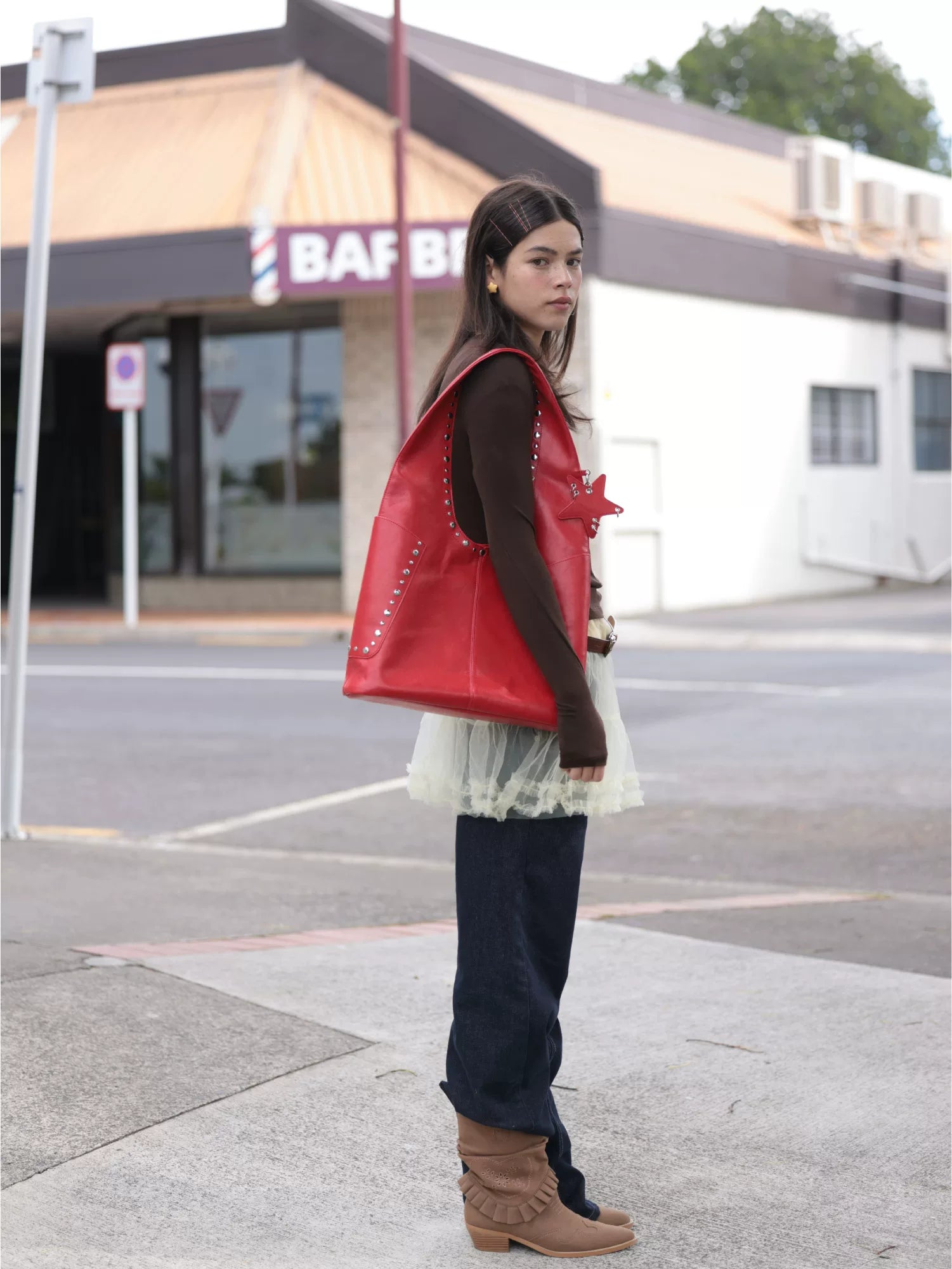 Studded Crimson Slouch Shoulder Bag - view 4