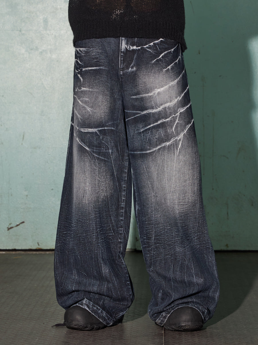 Lightning Streak Wide-Leg Distressed Denim Jeans